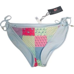 NWT Vineyard Vines Pastel Blue Multi Patchwork Gingham Reverse Bikini Bottoms XL
